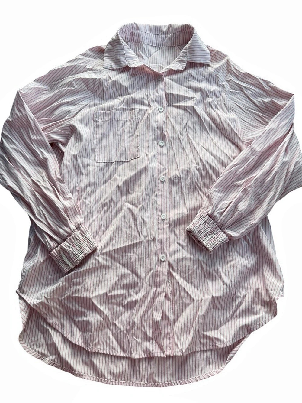 Pink White Striped Button Up Shirt Size M Smocked Cuff Long Sleeve Pocket Top